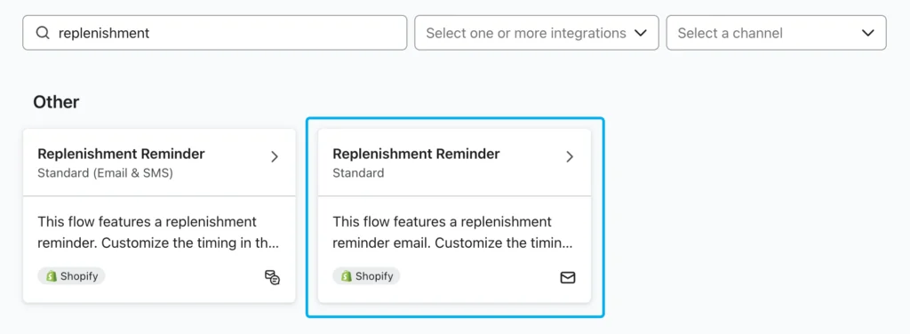 Wybór gotowej automatyzacji replenishment flow w bibliotece Klaviyo